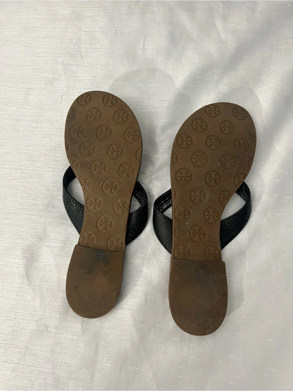 Tory Burch Black Strappy Logo Thong Sandals with Brown Footbed